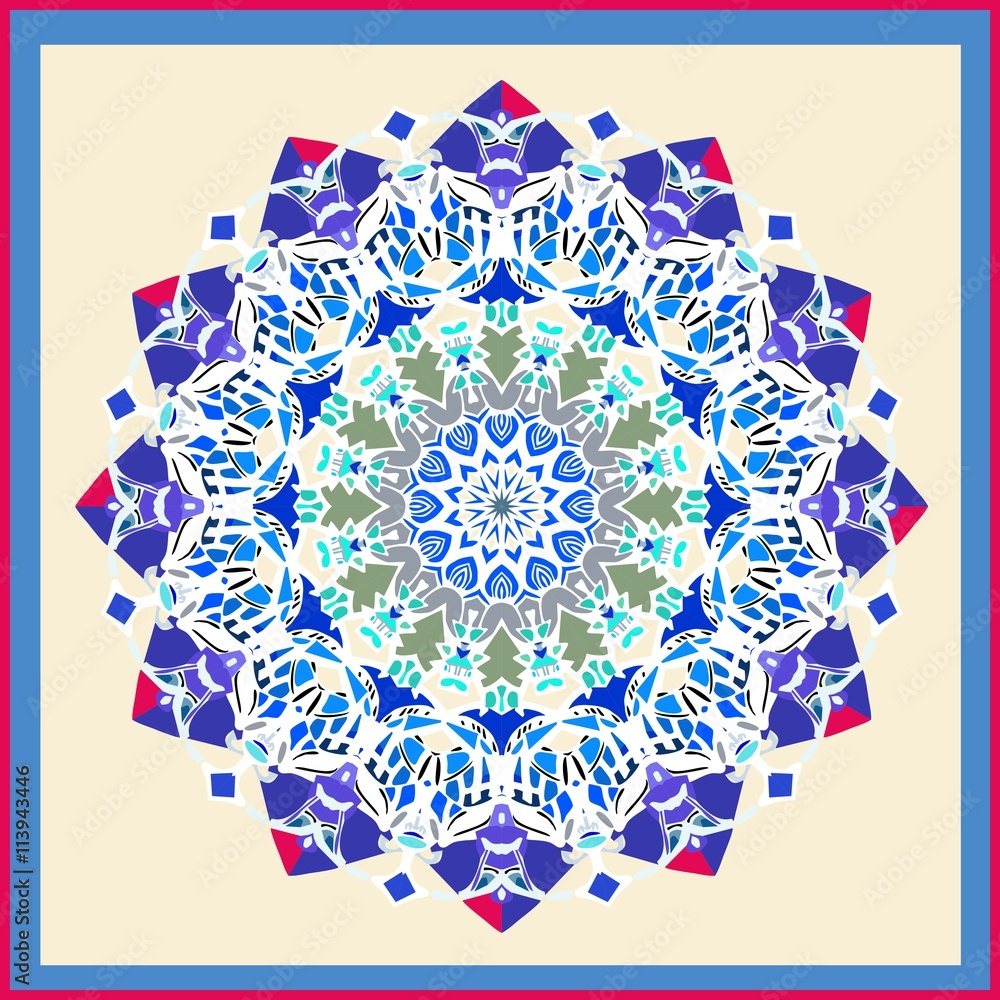 Bandana print with mandala. Decorative ornamental silk neck scarf design. Vector illustration of kerchief square pattern design style for print on fabric Bandana print with mandala. Decorative ornamental silk neck scarf design. Vector illustration of kerchief square pattern design style for print on fabric