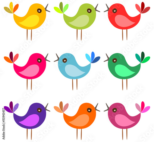 Cute colorful birds. Cartoon birds sing on white background. Vector illustration.