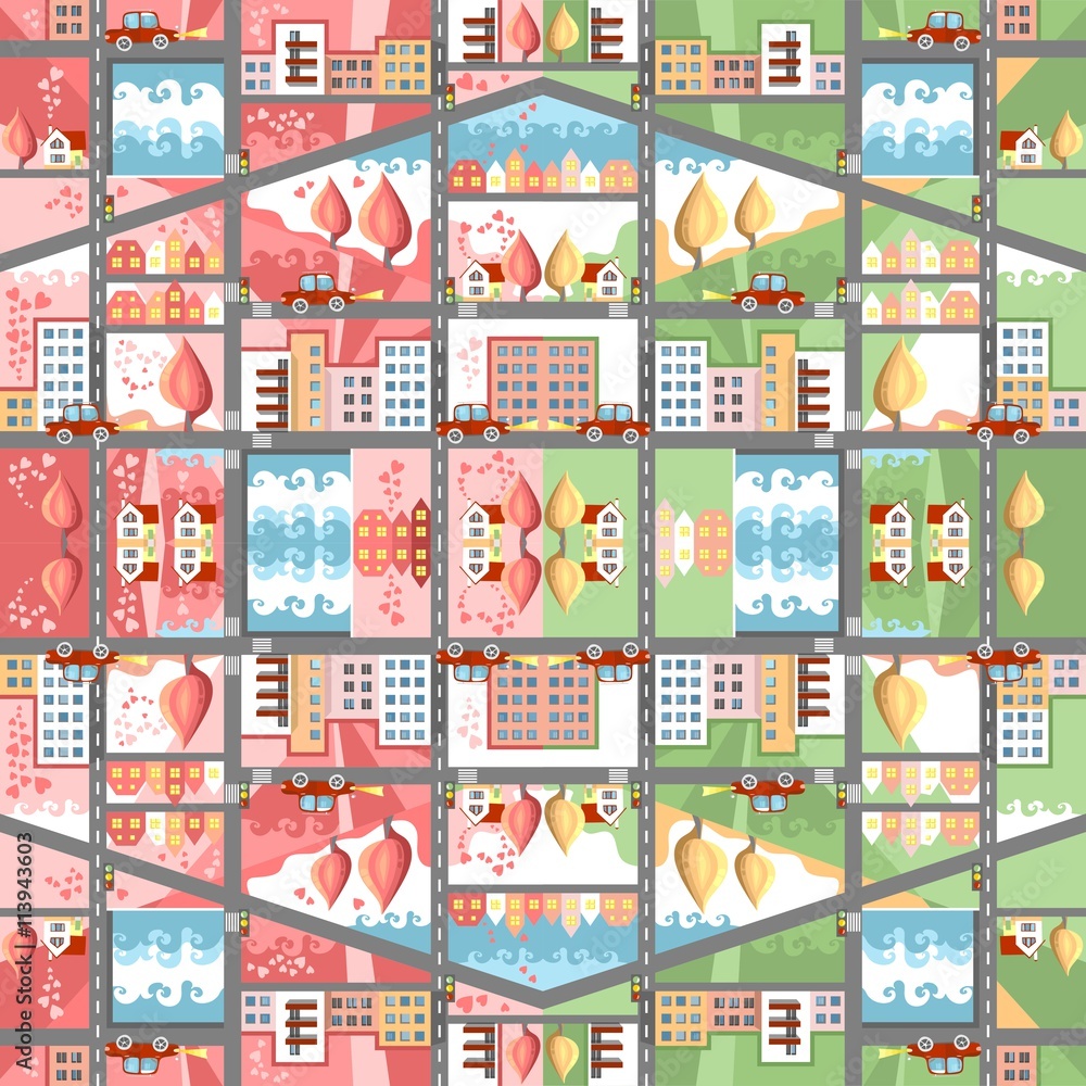 Cute cartoon seamless town map. Spring and summer cityscape. Childish vector illustration. Can be used for floor carpeting, wallpapers, bed linen fabric.