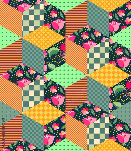 Seamless patchwork pattern with floral and geometric patches. Vector illustration