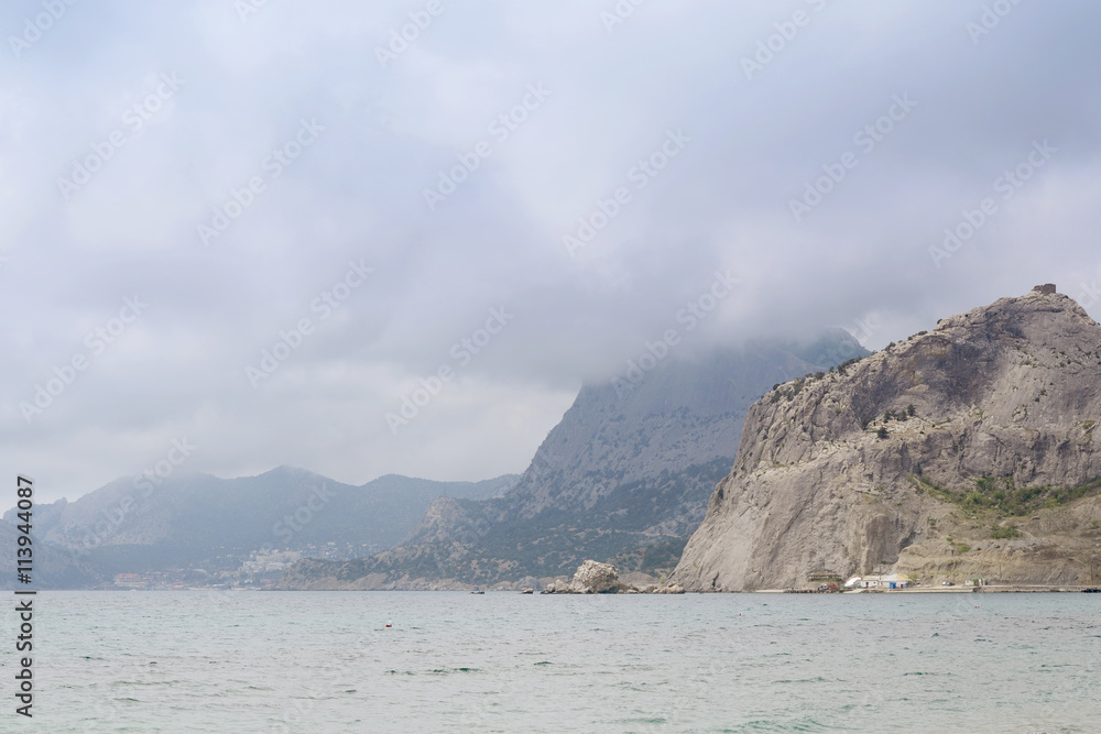 Crimea, Sudak. View from seacoast to Novy Svet Village. Beautiful mountains.