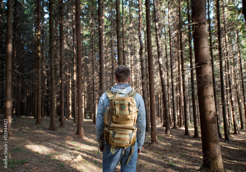 Young man with a backpack standing from back in the forest. Freedom and nature concept. Close-up © anatoliy_gleb