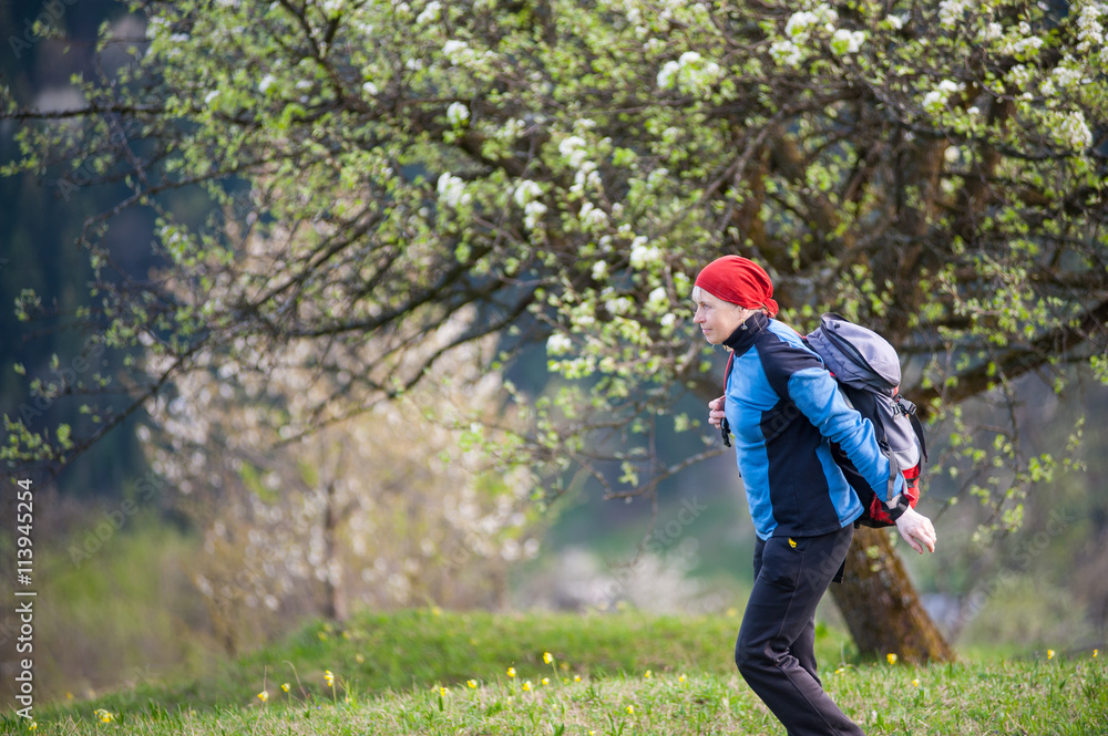 Woman in a red scarf on her head and blue jacket dresses the backpack on top of hill with blooming tree and forest valleys as blurred background. Woman in a red scarf on her head and blue jacket dresses the backpack on top of hill with blooming tree and forest valleys as blurred background.