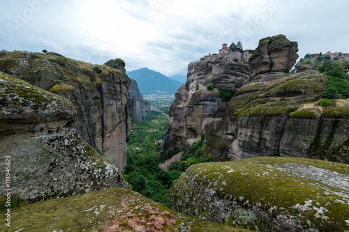 Meteora Greece monastery overlooking the valley and mountains
