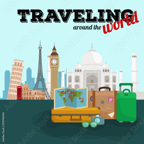 Travel around the world poster. Tourism and vacation, earth world, journey global, vector illustration. World travel concept banner, international business background