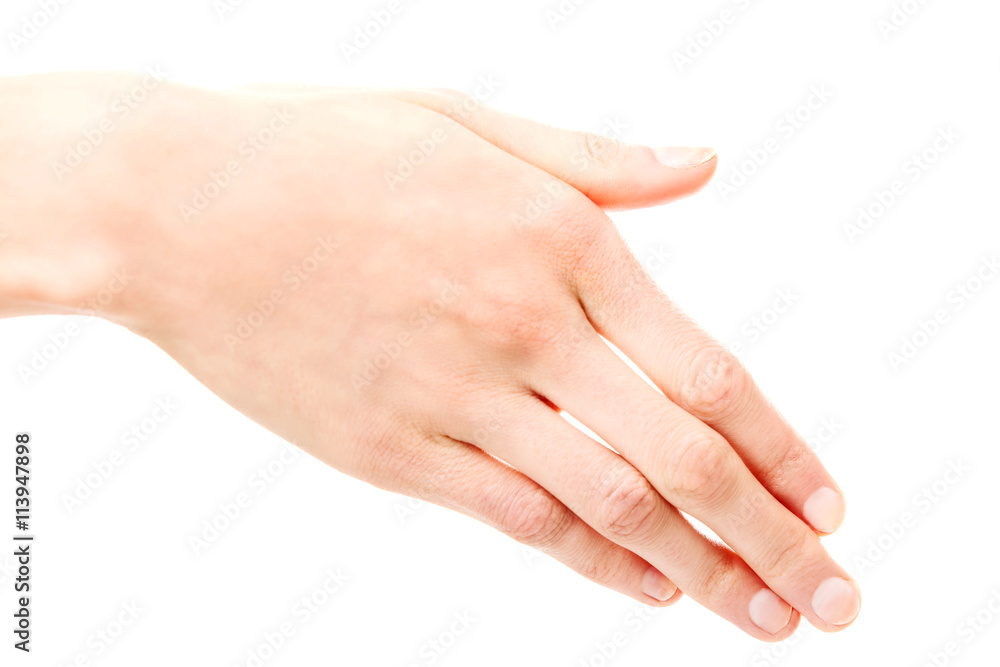 Woman hand on white background.