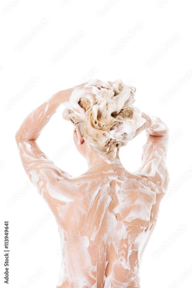 Hair washing female isolated portrait.