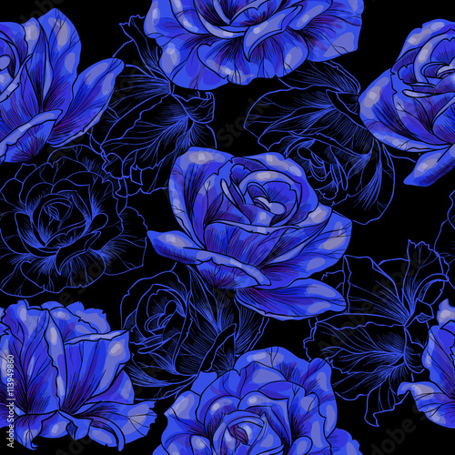 Blue roses .Vector seamless pattern 