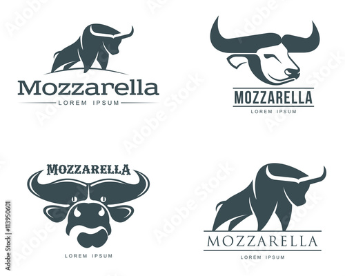 set of logos with buffalo mozzarella cheese, vector simple illustration isolated on a white background, four of the logo for the Italian buffalo mozzarella, brand logo for dairy mozzarella