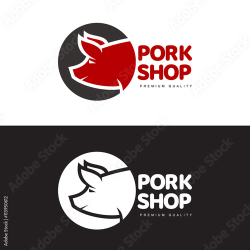 set of logos with a pig, vector simple illustration isolated on white background set of different pork logo, black and red logos about the pork store, cartoon character pigs head