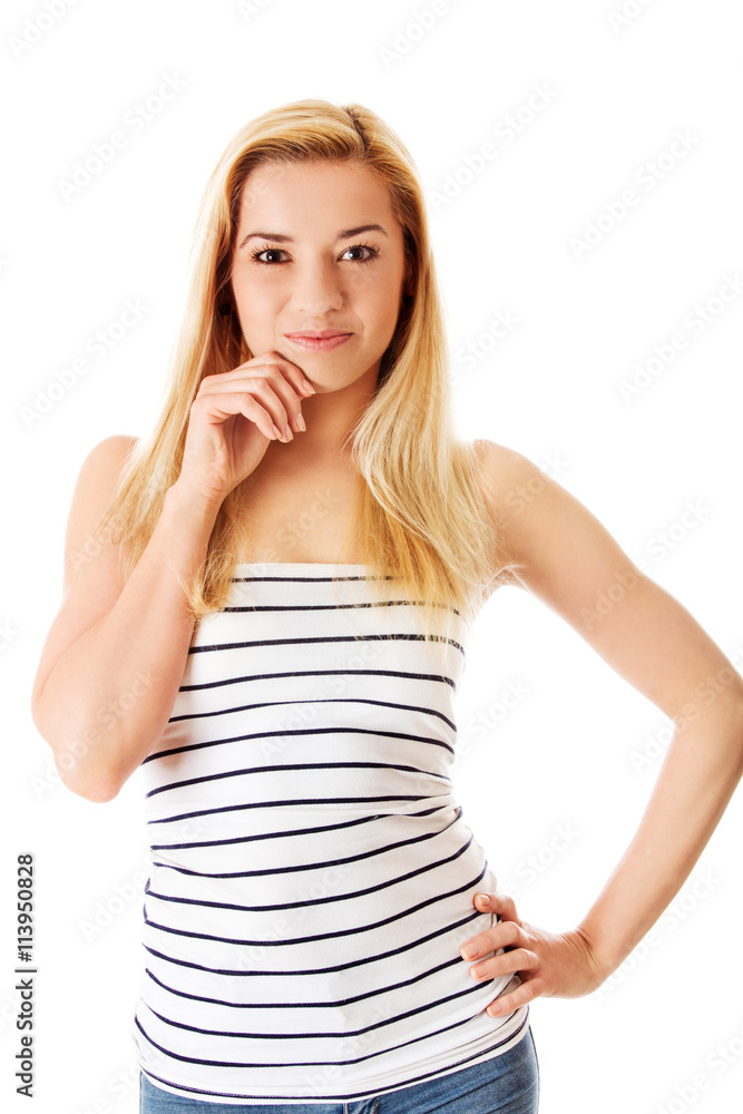 Portrait of thinking woman. Isolated on white background. Portrait of thinking woman. Isolated on white background.