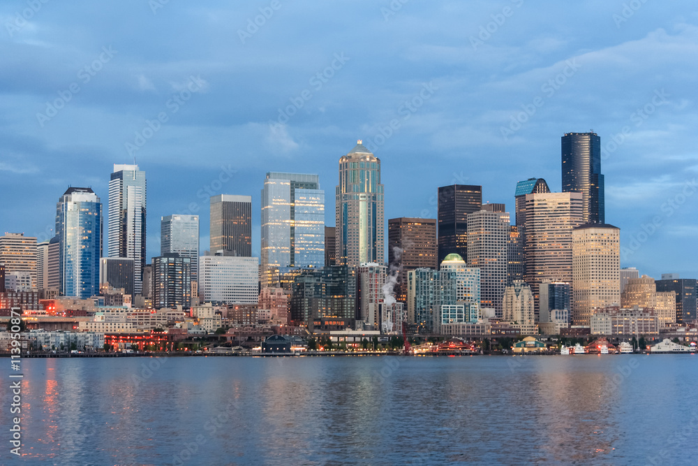 Panoramic view of Seattle Downtown and Space Needle from Puget  Sound