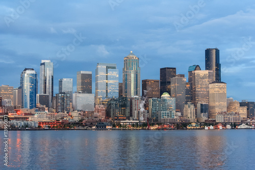 Panoramic view of Seattle Downtown and Space Needle from Puget  Sound © amadeustx