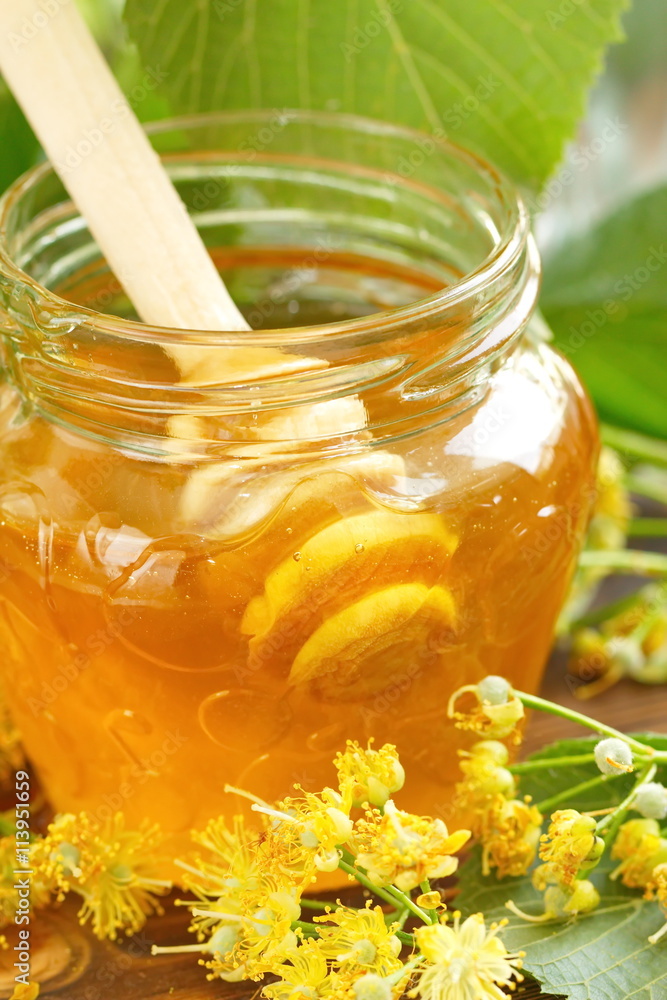 Linden honey in glass jar Linden honey in glass jar