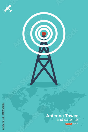 antenna tower and satellite, global communication concept, Vector eps 10