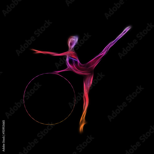 Canvas Print Rhythmic Gymnastics with Hoop Silhouette on black background