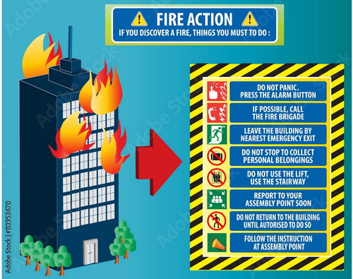 Fire action emergency procedure (do not panic, call fire brigade, leave by nearest emergency exit, report to assembly point) illustration, easy to modify 