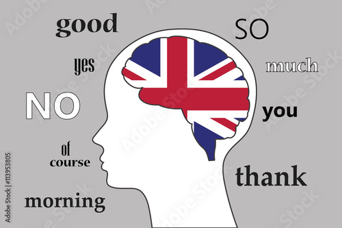 Learn english language vector illustration with UK flag and english words.