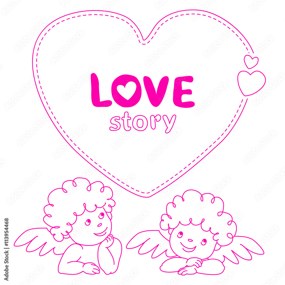 Hand drawn love story quote dashed line boxes width cupid