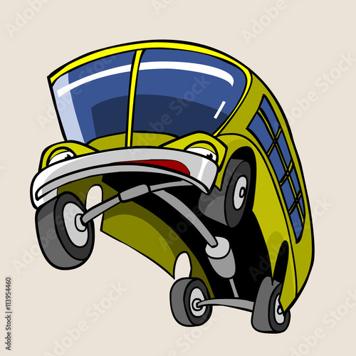 cartoon character cheerful yellow bus reared