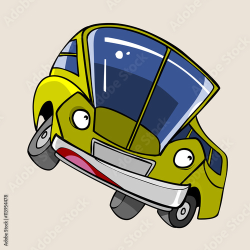 cartoon character cheerful yellow bus stands sideways