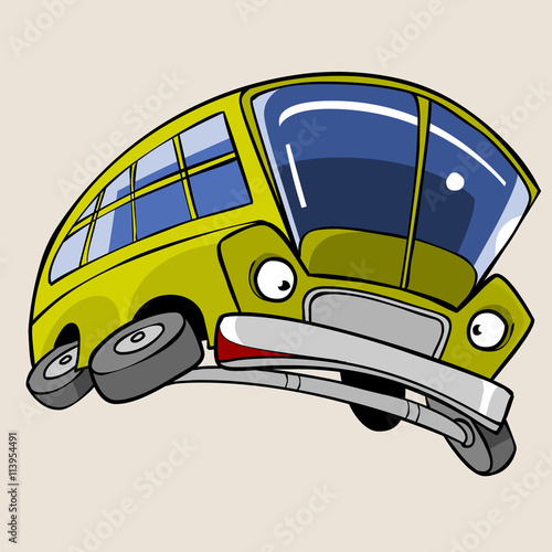 Cartoon Character Yellow Bus frightened flying in a jump