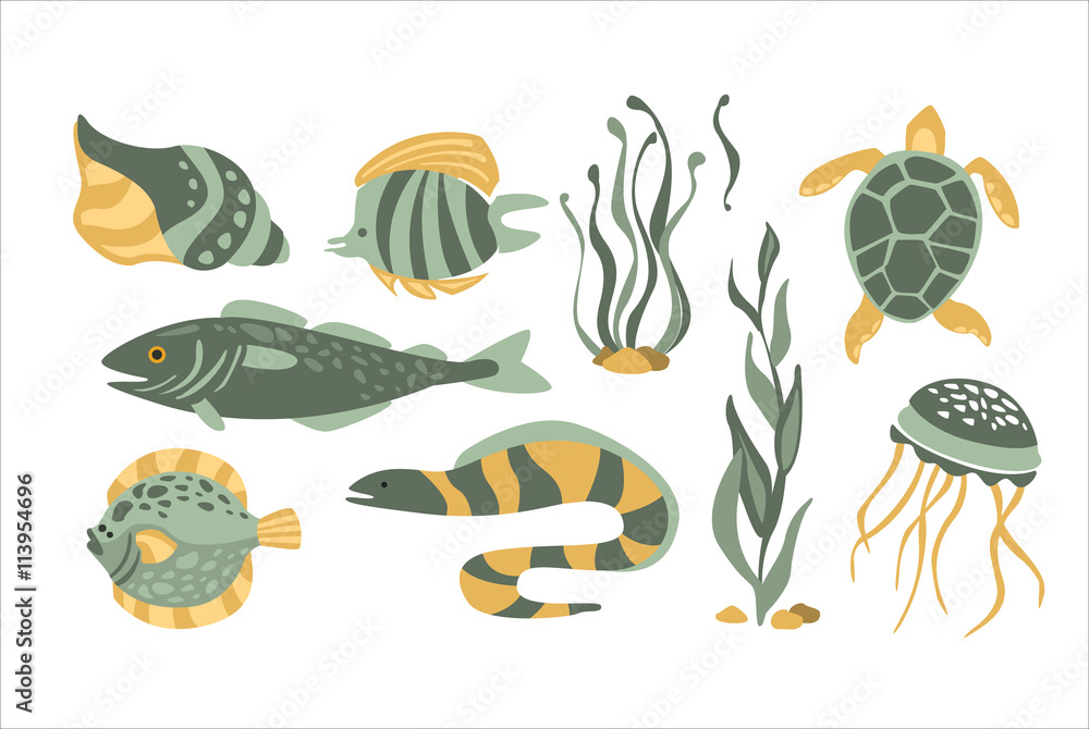 Stylized Underwater Nature Collection Of Icons