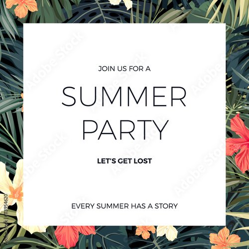 Bright hawaiian design with tropical plants and hibiscus flowers