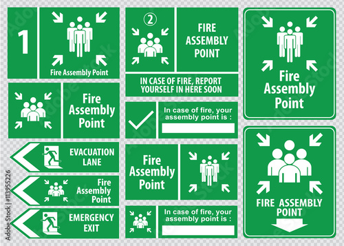 Set of emergency exit Sign (fire exit, emergency exit, fire assembly point, evacuation lane).