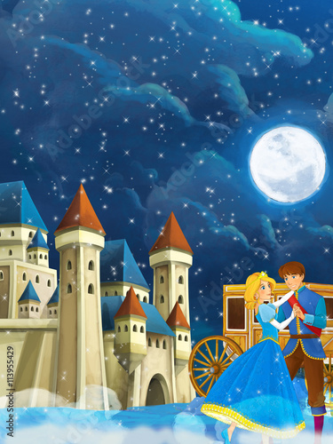 Cartoon scene with prince and princess - beautiful castle and carriage in the background - illustration for children