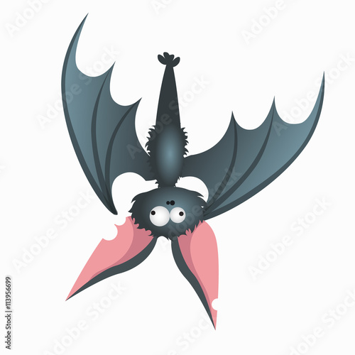 Grey funny bat upside down in cartoon style