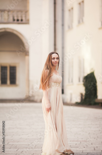 Beautiful girl, model with long hair posing in old castle near columns. Krakow Vavel © olegparylyak