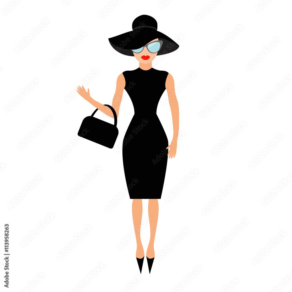 Woman in black elegant hat, bag and sunglasses waving. Rich and beautiful celebrity girl. Beauty fashion model face red lips. People collection Cute cartoon character Flat White background Woman in black elegant hat, bag and sunglasses waving. Rich and beautiful celebrity girl. Beauty fashion model face red lips. People collection Cute cartoon character Flat White background