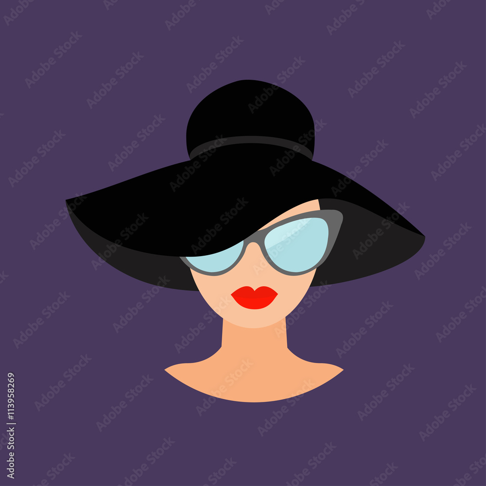Woman in black hat and sun glasses Avatar people icon collection Cute cartoon character Beautiful face red lips Female head sunglasses Women wearing eyeglasses Flat Violet background. Isolated. Woman in black hat and sun glasses Avatar people icon collection Cute cartoon character Beautiful face red lips Female head sunglasses Women wearing eyeglasses Flat Violet background. Isolated.