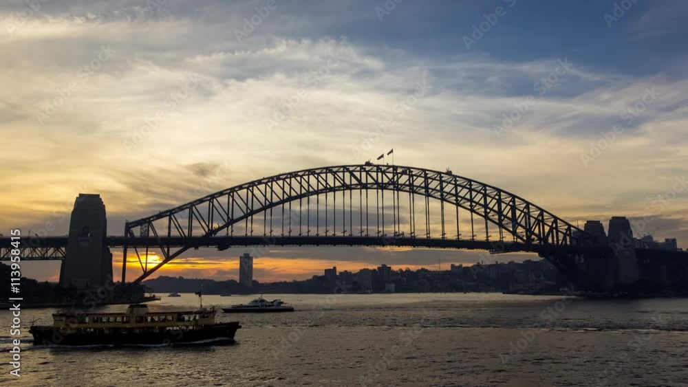Aerial sunset timelapse of Sydney Harbour Bridge in 4k, medium shot Aerial sunset timelapse of Sydney Harbour Bridge in 4k, medium shot