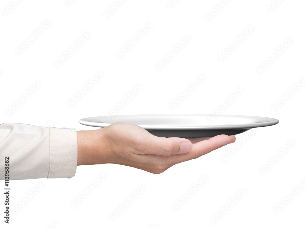 hand holding empty plate on white background Stock Photo Adobe Stock
