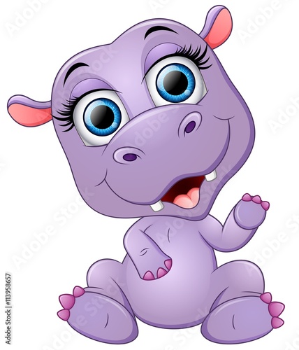 Happy cartoon hippo waving