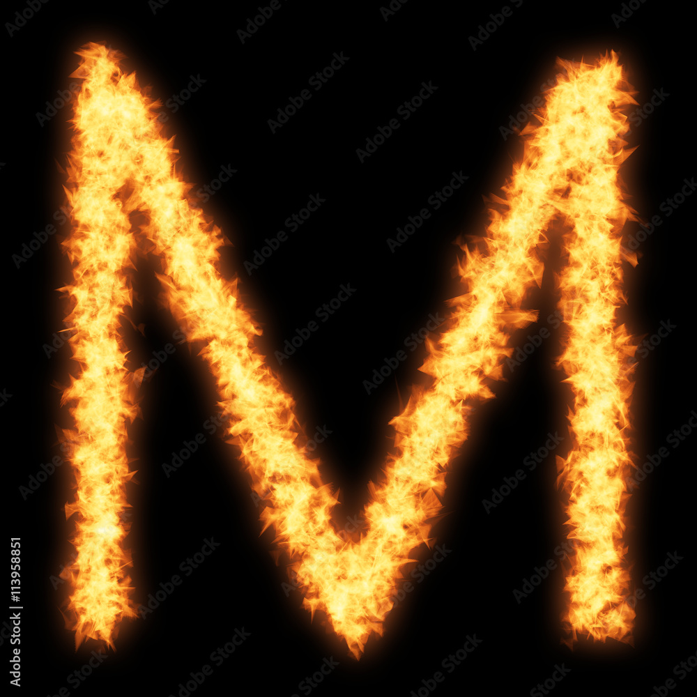 Capital letter M with fire on black background- Helvetica font based Capital letter M with fire on black background- Helvetica font based