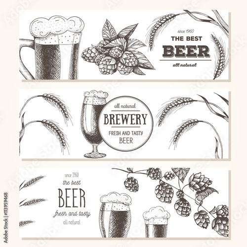 Banner set. Vector illustration in sketch style. Hand drawn beer horizontal banners. Line drawing
