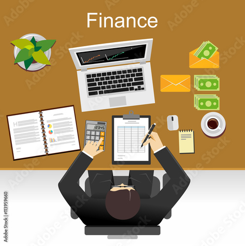 "Finance illustration. Flat design illustration concepts for business, planning, management, finance, accounting, business statistics, working, investment.
"
