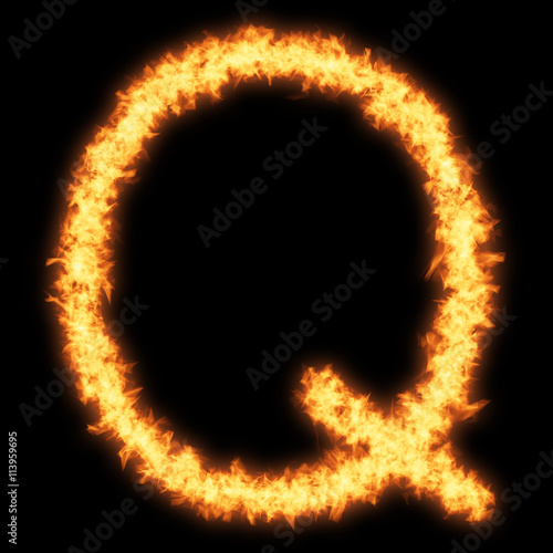 Capital letter Q with fire on black background- Helvetica font based
