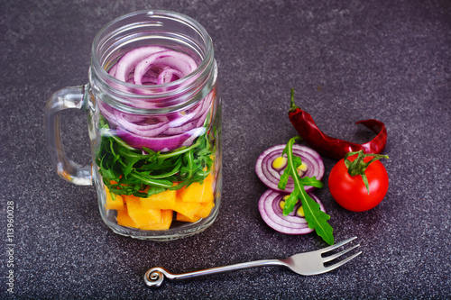 Salad with Pumpkin, Arugula and Red Onion in Glass Jar