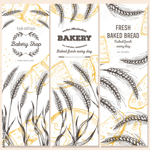 Hand drawn bread vertical banners. Banner set. Vector illustration in sketch style.