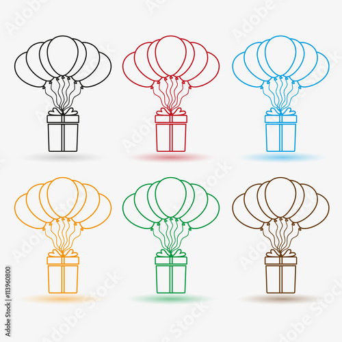 gift package soaring with helium balloons outline icons set eps10