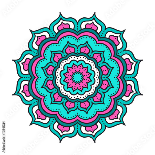 Vector mandala. Hand drawn tribal mandala with doodle ornament. Ethnic Indian mascot. Flower mandala amulet. Pink, white and green colors. Isolated.
