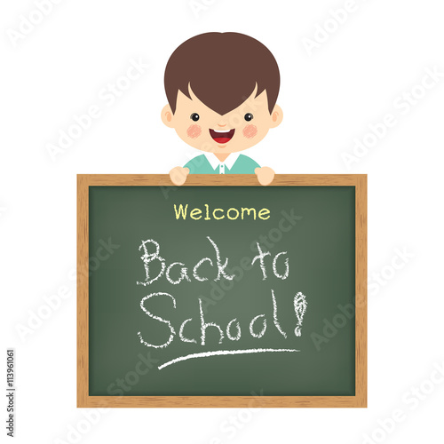 Vector illustration of little cute boy and blackboard written "Welcome back to school". Isolated cartoon character.