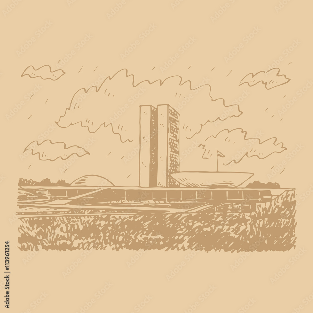 National Congress Palace in Brasi­lia, Federal District, Brazil. Freehand drawn sketch. Vector illustration
