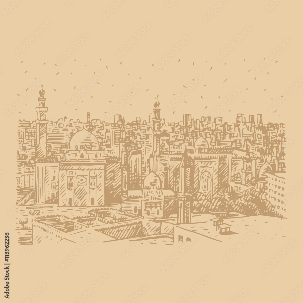 View of the Mosques of Sultan Hassan and Al-Rifai in Cairo, Egypt. Hand drawn sketch. Vector illustration View of the Mosques of Sultan Hassan and Al-Rifai in Cairo, Egypt. Hand drawn sketch. Vector illustration