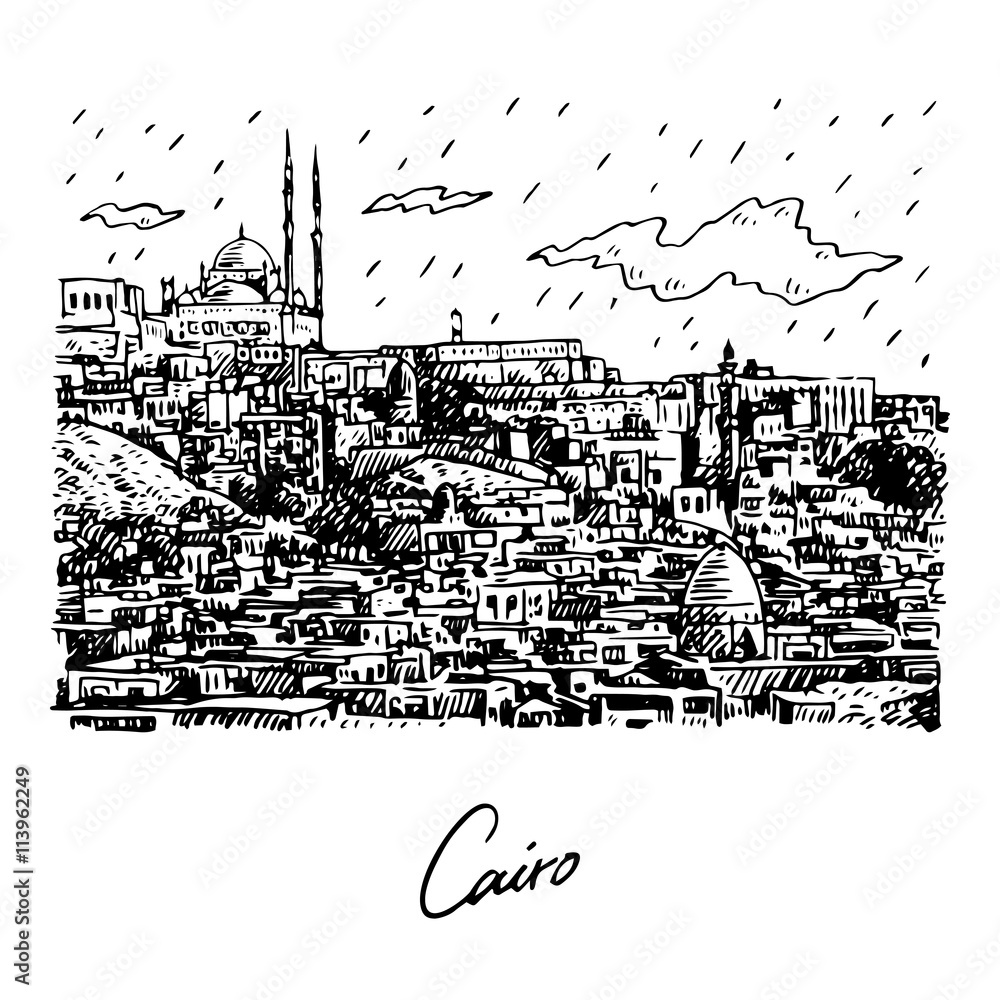 View of Cairo, Egypt. Hand drawn sketch. Vector illustration