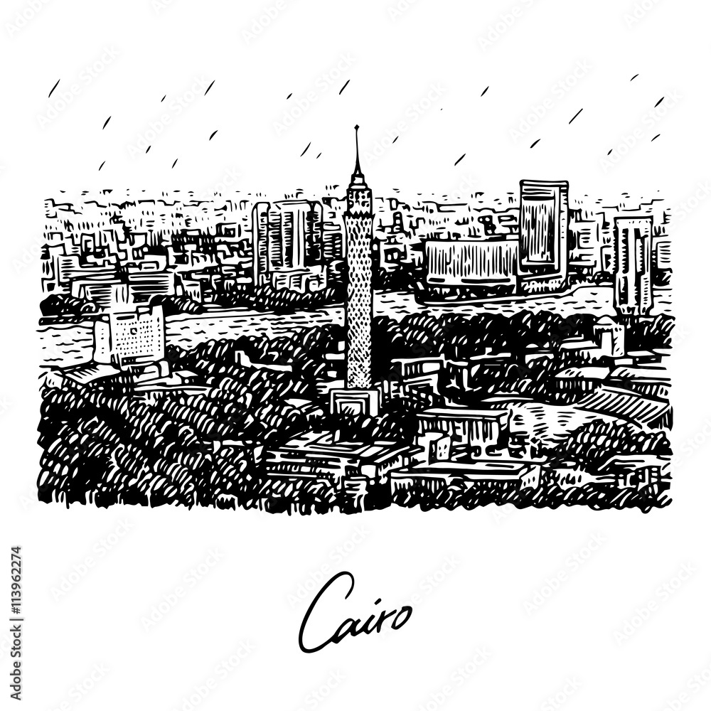 Fototapeta Cairo Tower in Egypt with the Nile River view. Hand drawn sketch. Vector illustration